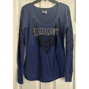 Harley Davidson Women's Knit Blue Long Sleeve Embroidered Size Large Rhinestones